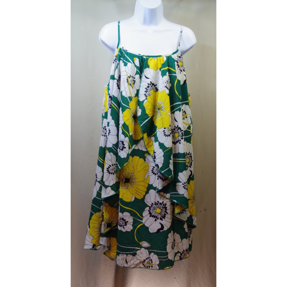 Rosegal Womens 1X Green Yellow Floral Tiered Ruffle Spaghetti Strap Mini Dress